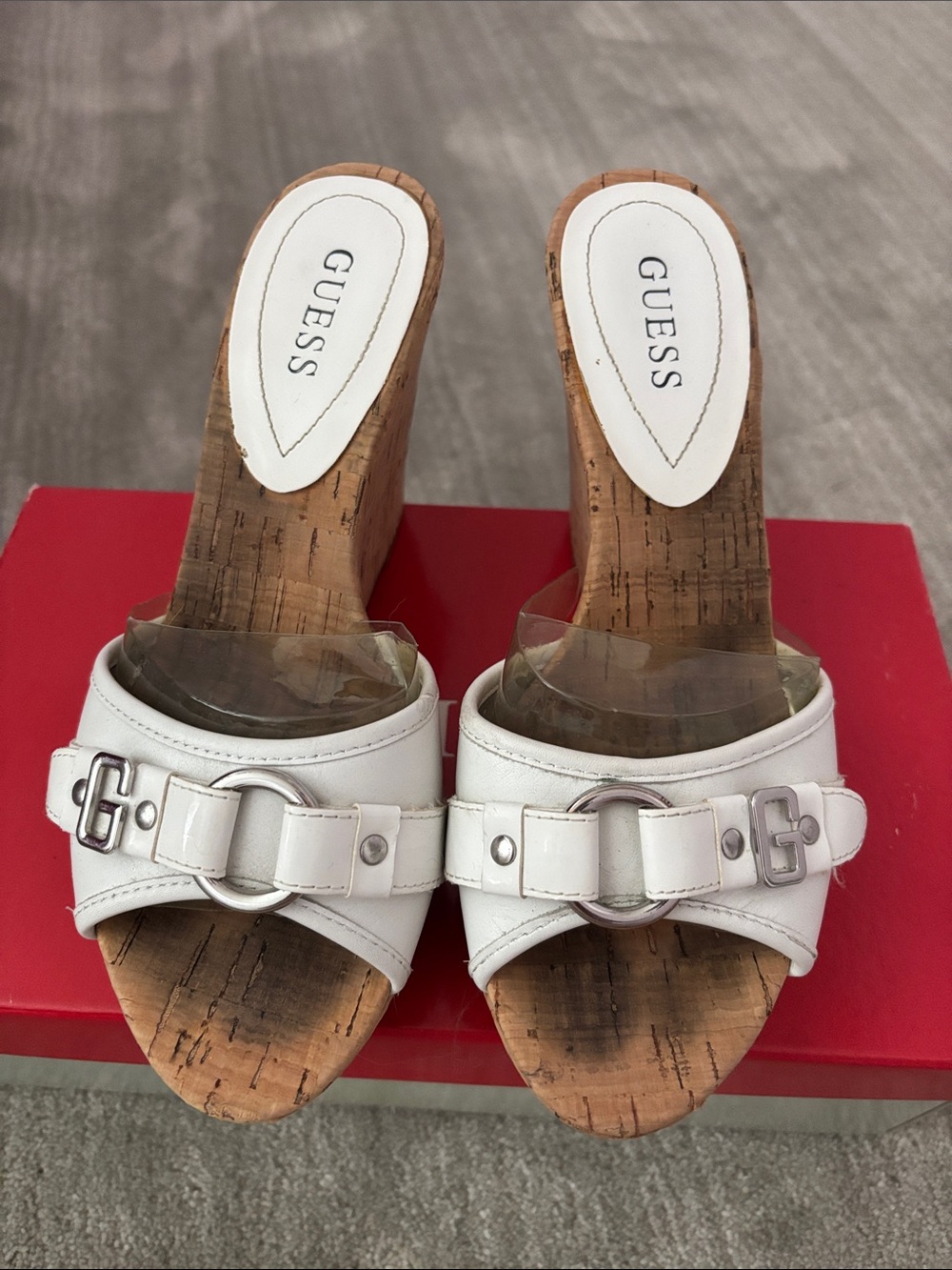 GUESS White Leather Cork Wedge Mules with Silver Buckle
